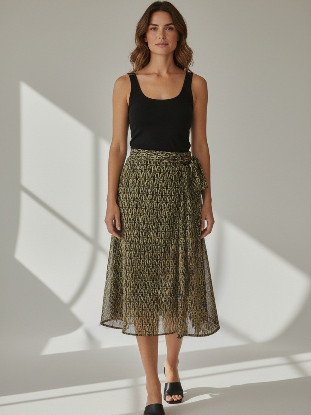 Vintage Andre Oliver Geometric Olive Green Wrap Skirt Size XLarge